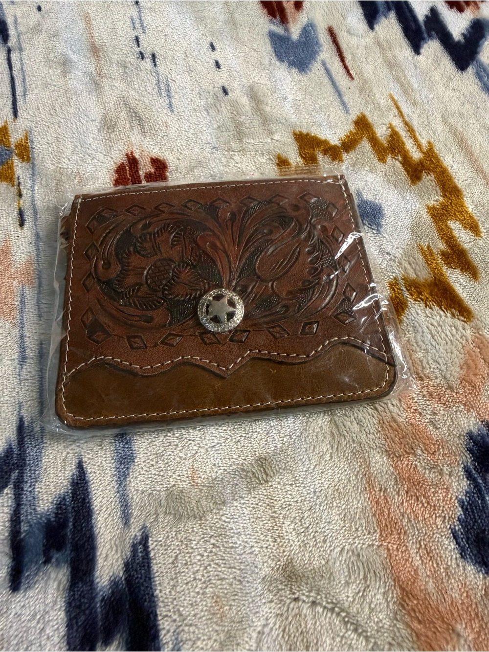 Western Tooled Brown Leather Card Holder with Concho